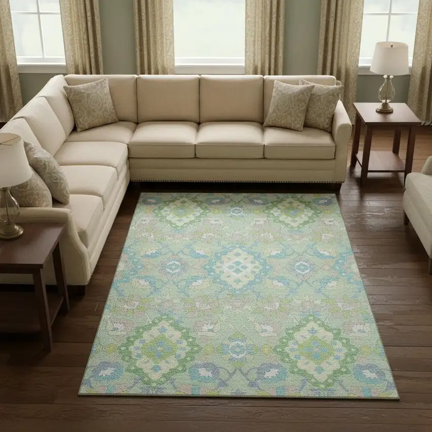 Mint Green Teal And Lavender Oriental Washable Area Rug With UV Protection Photo 2