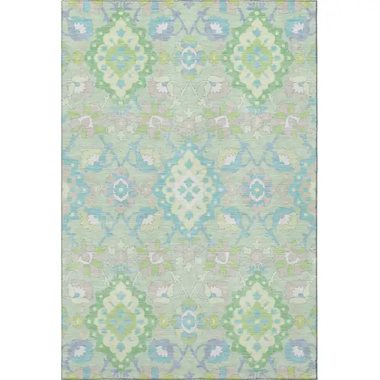 Mint Green Teal And Lavender Oriental Washable Area Rug With UV Protection Photo 2