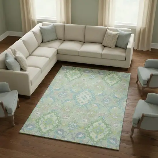 Mint Green Teal And Lavender Oriental Washable Area Rug With UV Protection Photo 2