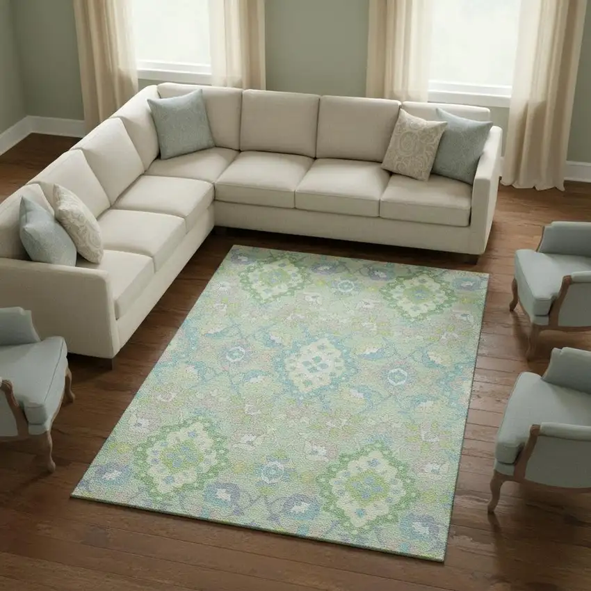 Mint Green Teal And Lavender Oriental Washable Area Rug With UV Protection Photo 2