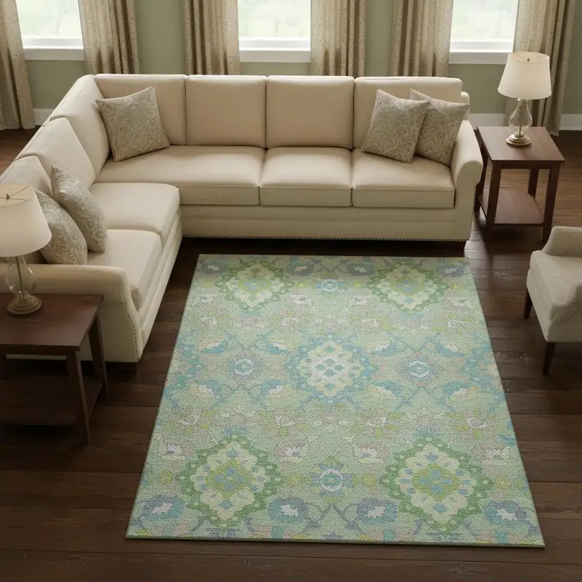 Mint Green Teal And Lavender Oriental Washable Area Rug With UV Protection Photo 2