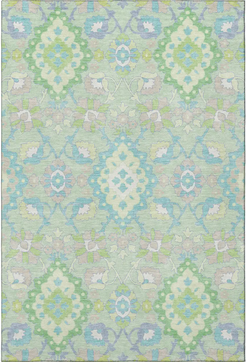 Mint Green Teal And Lavender Oriental Washable Area Rug With UV Protection Photo 3