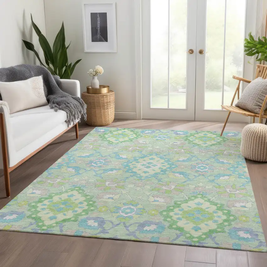 Mint Green Teal And Lavender Oriental Washable Area Rug With UV Protection Photo 5