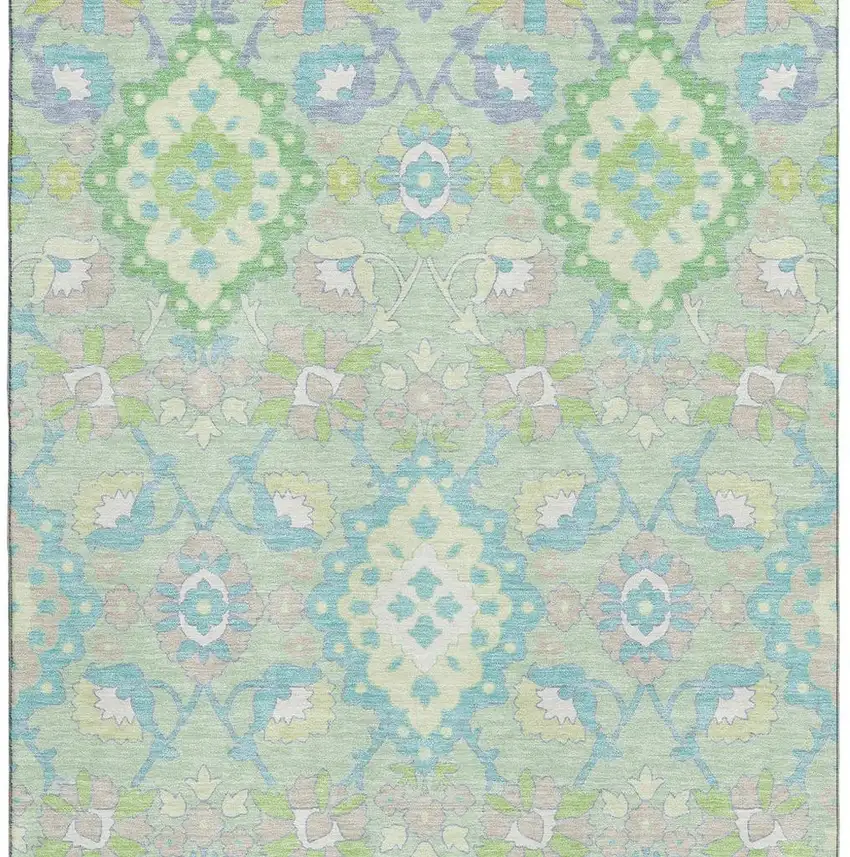 Mint Green Teal And Lavender Oriental Washable Area Rug With UV Protection Photo 2