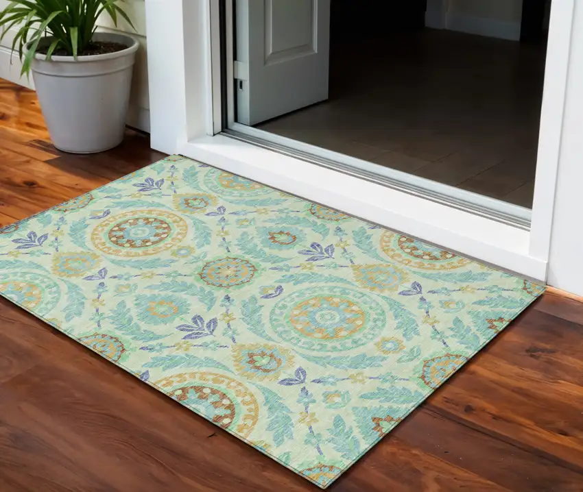 Mint Green Teal Blue And Beige Floral Washable Indoor Outdoor Area Rug Photo 1