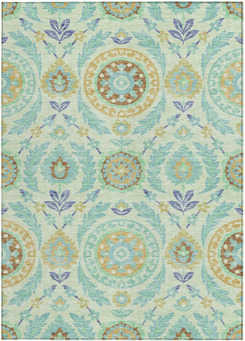 Mint Green Teal Blue And Beige Floral Washable Indoor Outdoor Area Rug Photo 5