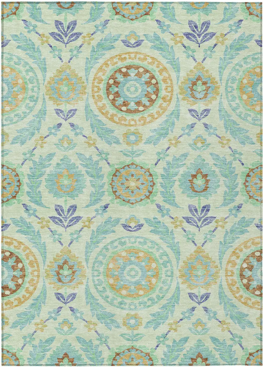 Mint Green Teal Blue And Beige Floral Washable Indoor Outdoor Area Rug Photo 1