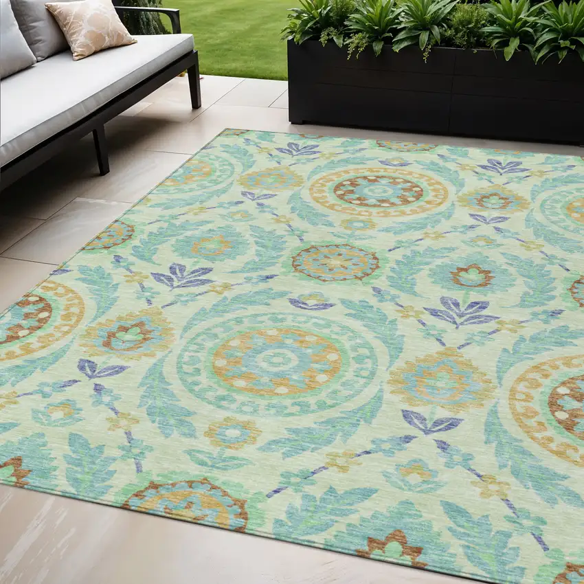 Mint Green Teal Blue And Beige Floral Washable Indoor Outdoor Area Rug Photo 1