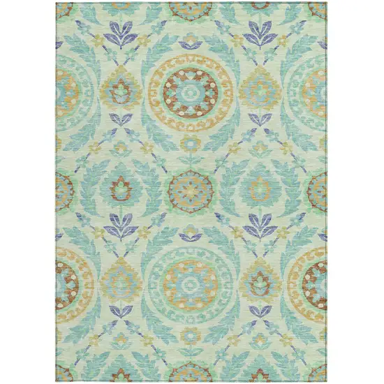 Mint Green Teal Blue And Beige Floral Washable Indoor Outdoor Area Rug Photo 5