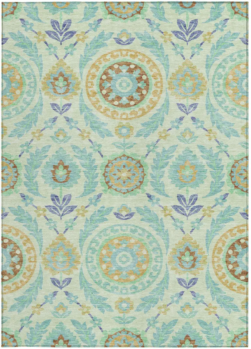 Mint Green Teal Blue And Beige Floral Washable Indoor Outdoor Area Rug Photo 5