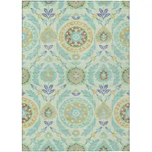 Photo of Mint Green Teal Blue And Beige Floral Washable Indoor Outdoor Area Rug
