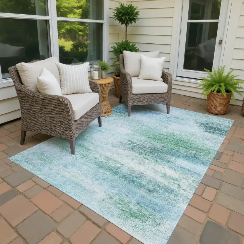 Mint Green Teal Blue And Ivory Abstract Washable Indoor Outdoor Area Rug Photo 4