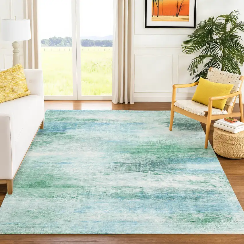 Mint Green Teal Blue And Ivory Abstract Washable Indoor Outdoor Area Rug Photo 4
