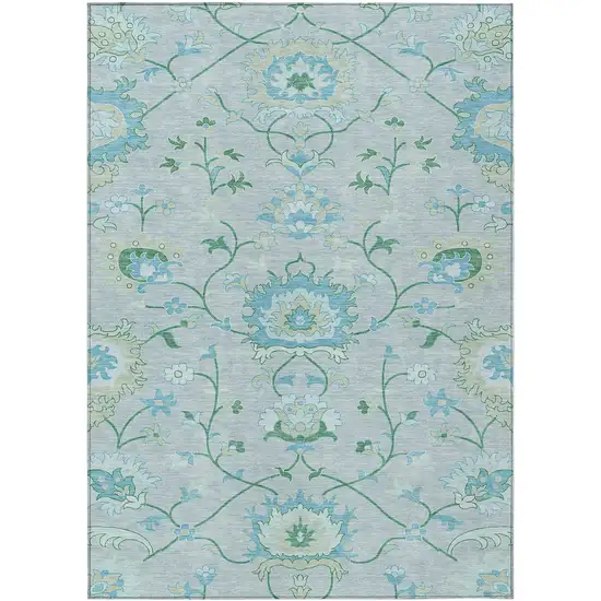 Mint Green Teal Blue And Ivory Floral Washable Indoor Outdoor Area Rug Photo 2