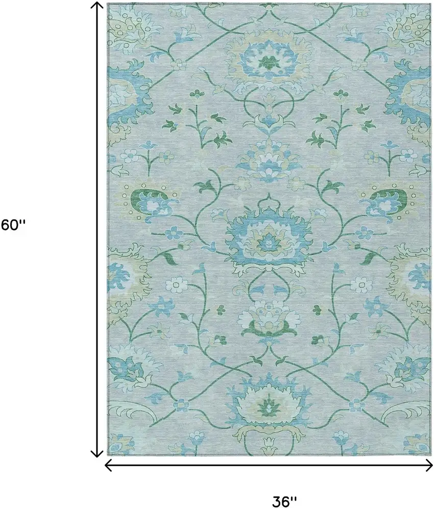 Mint Green Teal Blue And Ivory Floral Washable Indoor Outdoor Area Rug Photo 3