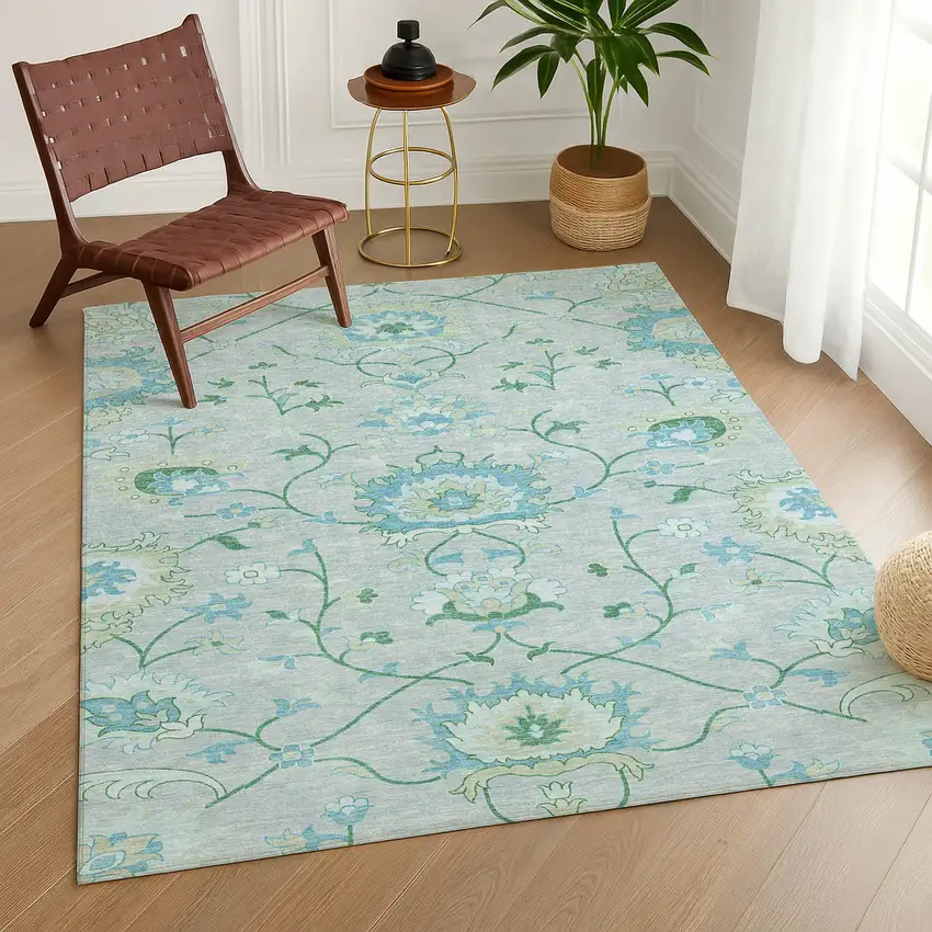 Mint Green Teal Blue And Ivory Floral Washable Indoor Outdoor Area Rug Photo 9