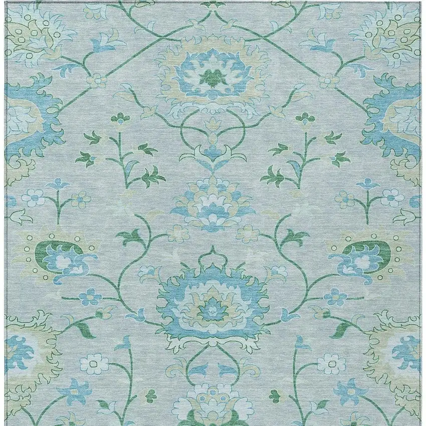 Mint Green Teal Blue And Ivory Floral Washable Indoor Outdoor Area Rug Photo 4
