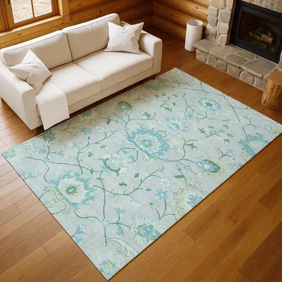 Mint Green Teal Blue And Ivory Floral Washable Indoor Outdoor Area Rug Photo 9