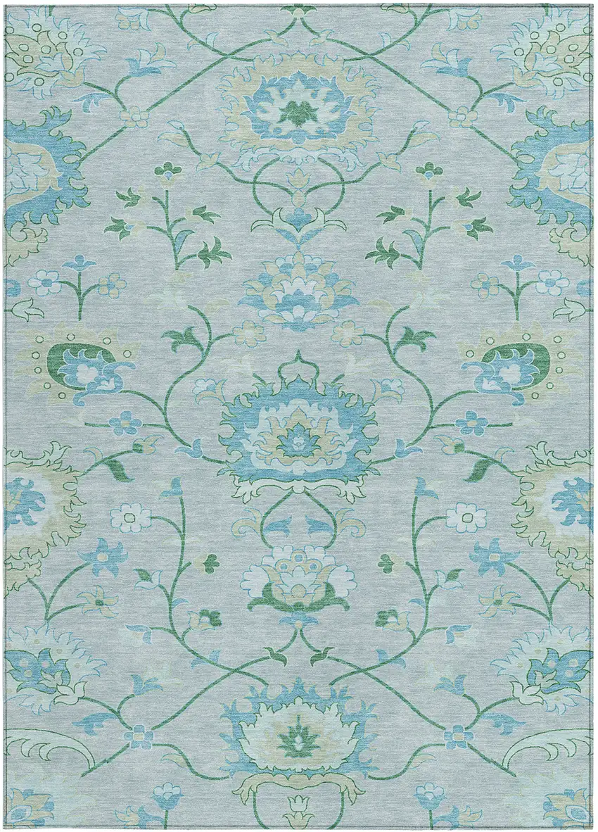 Mint Green Teal Blue And Ivory Floral Washable Indoor Outdoor Area Rug Photo 5