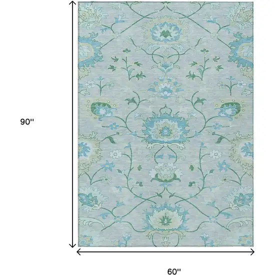 Mint Green Teal Blue And Ivory Floral Washable Indoor Outdoor Area Rug Photo 3