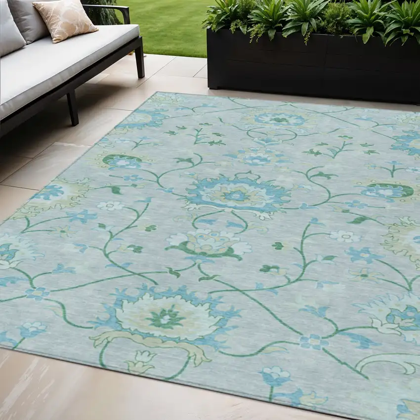 Mint Green Teal Blue And Ivory Floral Washable Indoor Outdoor Area Rug Photo 1