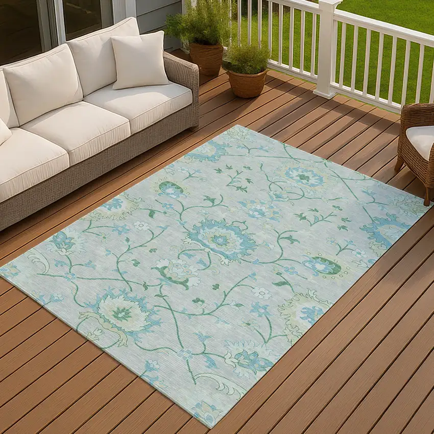 Mint Green Teal Blue And Ivory Floral Washable Indoor Outdoor Area Rug Photo 9