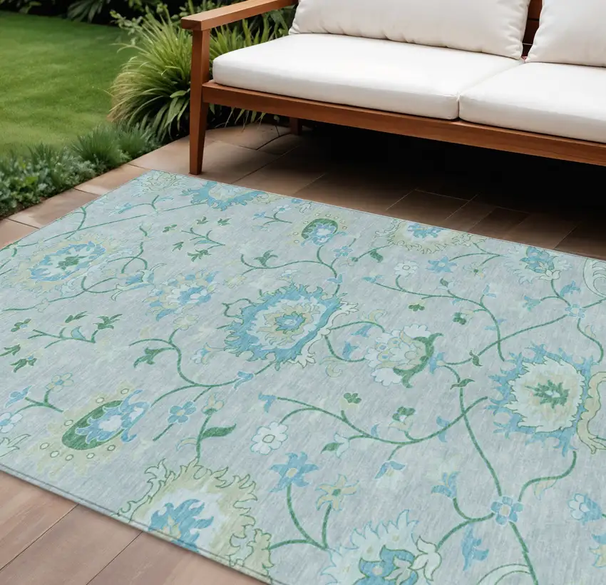 Mint Green Teal Blue And Ivory Floral Washable Indoor Outdoor Area Rug Photo 1