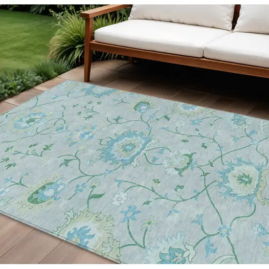 Mint Green Teal Blue And Ivory Floral Washable Indoor Outdoor Area Rug Photo 1