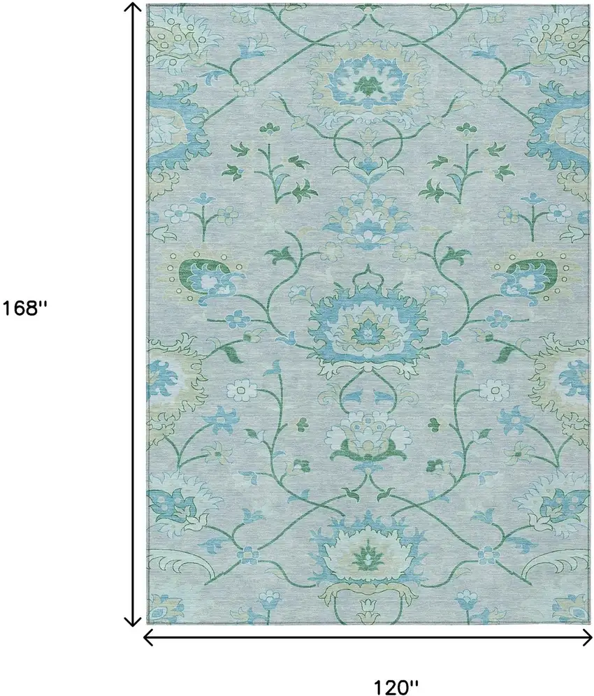 Mint Green Teal Blue And Ivory Floral Washable Indoor Outdoor Area Rug Photo 3