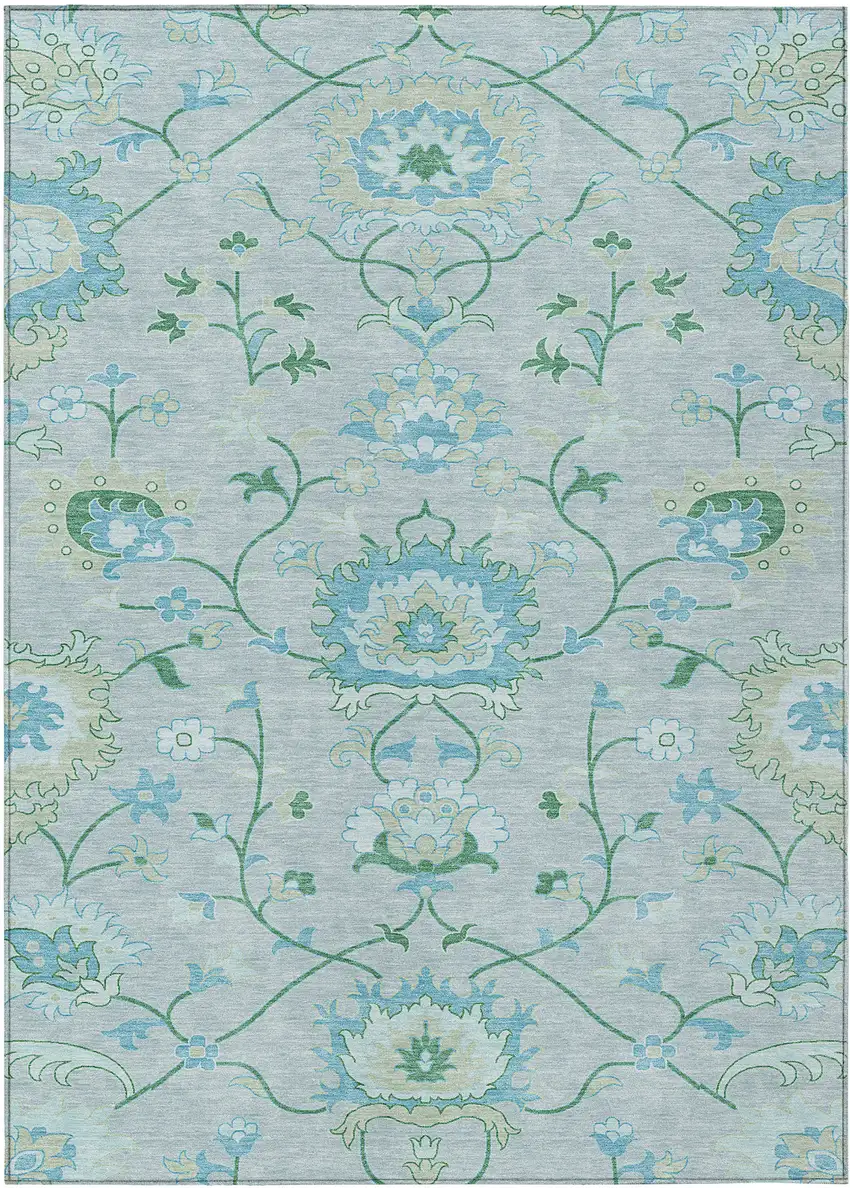 Mint Green Teal Blue And Ivory Floral Washable Indoor Outdoor Area Rug Photo 2