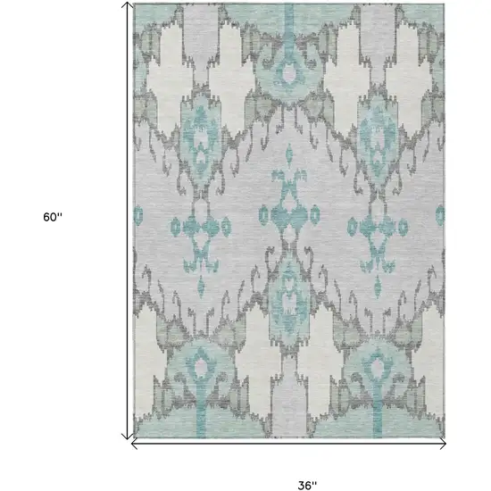 Mint Green Teal Blue And Ivory Ikat Washable Indoor Outdoor Area Rug Photo 7