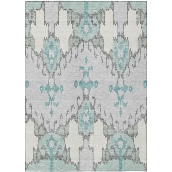 Mint Green Teal Blue And Ivory Ikat Washable Indoor Outdoor Area Rug Photo 1