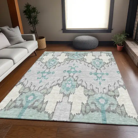Mint Green Teal Blue And Ivory Ikat Washable Indoor Outdoor Area Rug Photo 7
