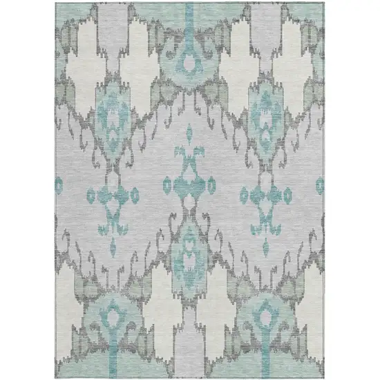 Mint Green Teal Blue And Ivory Ikat Washable Indoor Outdoor Area Rug Photo 5
