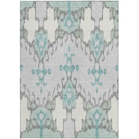 Mint Green Teal Blue And Ivory Ikat Washable Indoor Outdoor Area Rug Photo 5