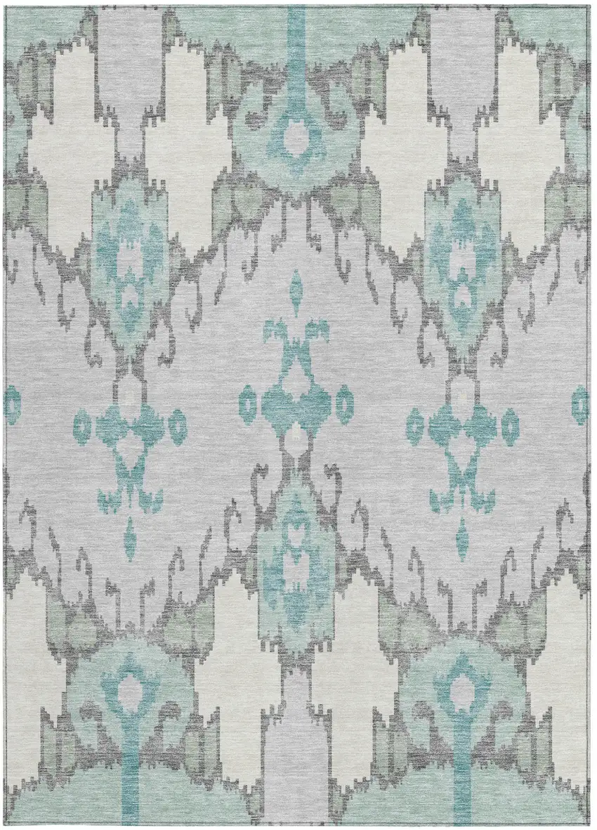 Mint Green Teal Blue And Ivory Ikat Washable Indoor Outdoor Area Rug Photo 5