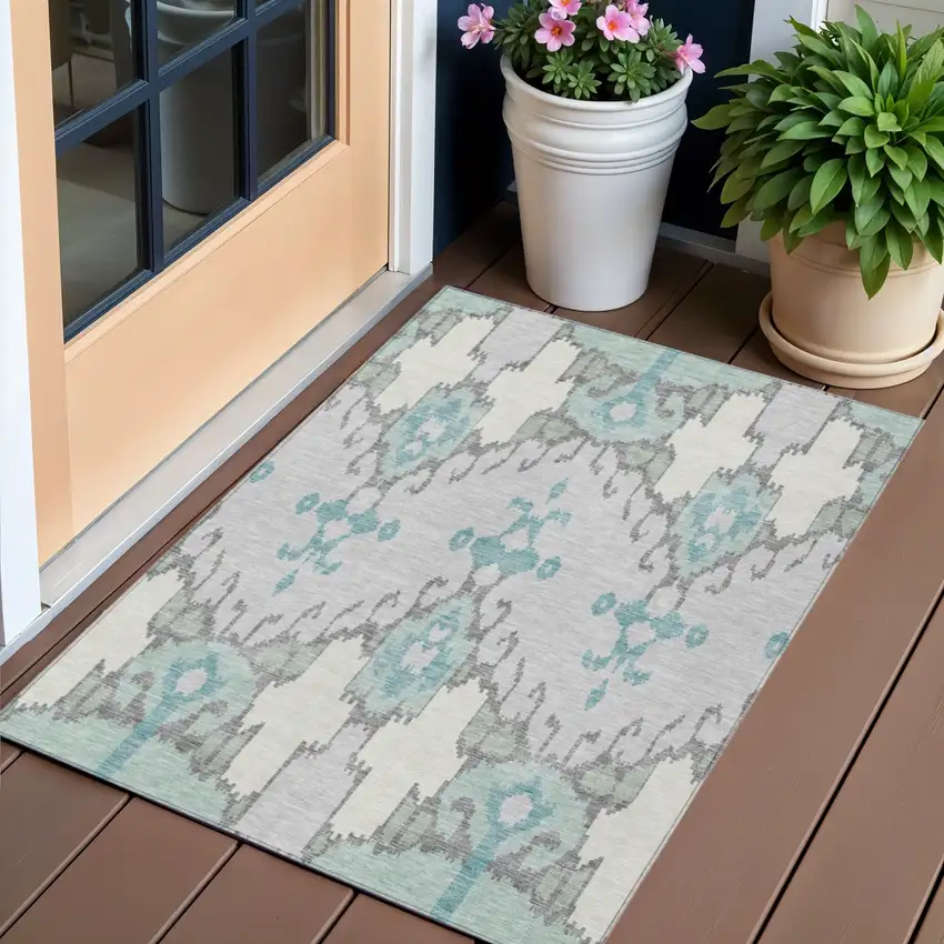 Mint Green Teal Blue And Ivory Ikat Washable Indoor Outdoor Area Rug Photo 1