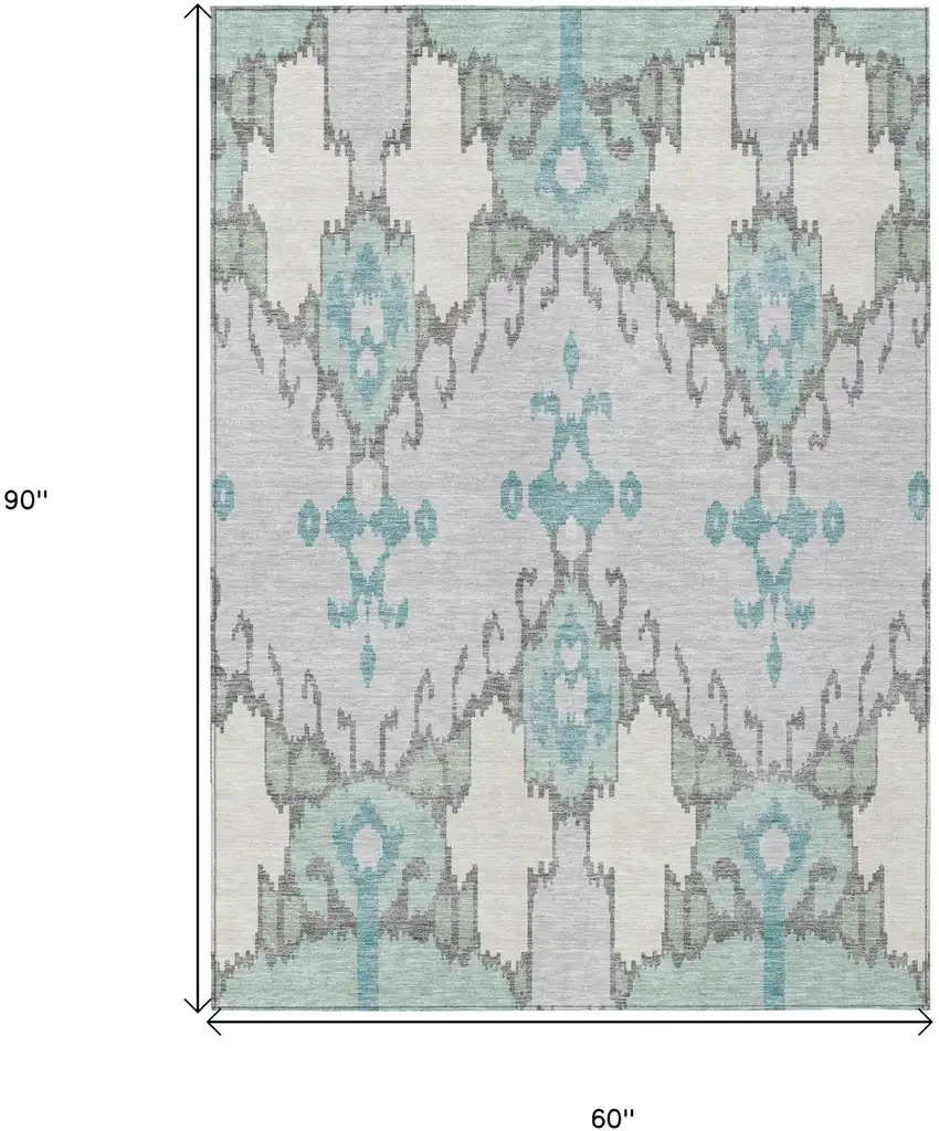 Mint Green Teal Blue And Ivory Ikat Washable Indoor Outdoor Area Rug Photo 3