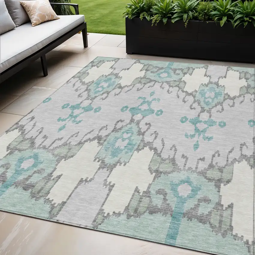 Mint Green Teal Blue And Ivory Ikat Washable Indoor Outdoor Area Rug Photo 1