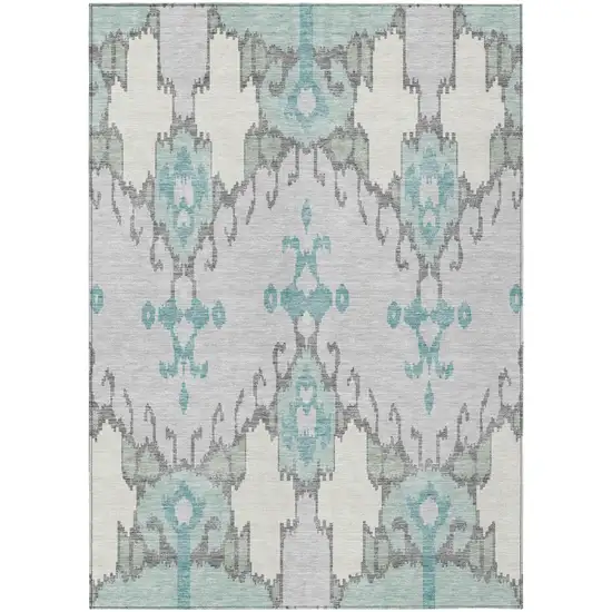 Mint Green Teal Blue And Ivory Ikat Washable Indoor Outdoor Area Rug Photo 1