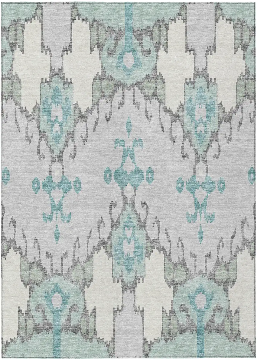 Mint Green Teal Blue And Ivory Ikat Washable Indoor Outdoor Area Rug Photo 1