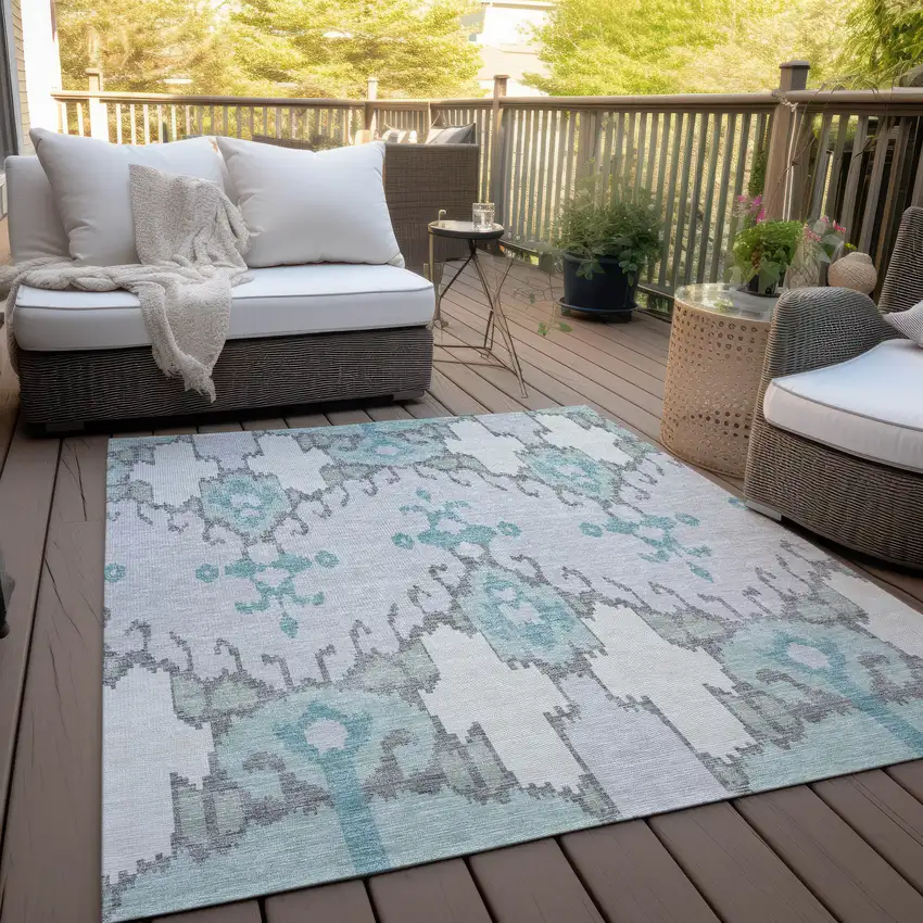 Mint Green Teal Blue And Ivory Ikat Washable Indoor Outdoor Area Rug Photo 8
