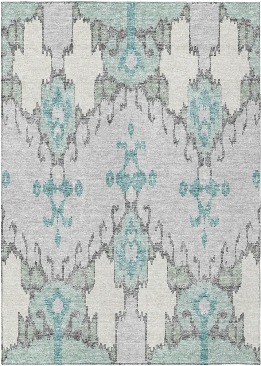 Mint Green Teal Blue And Ivory Ikat Washable Indoor Outdoor Area Rug Photo 1