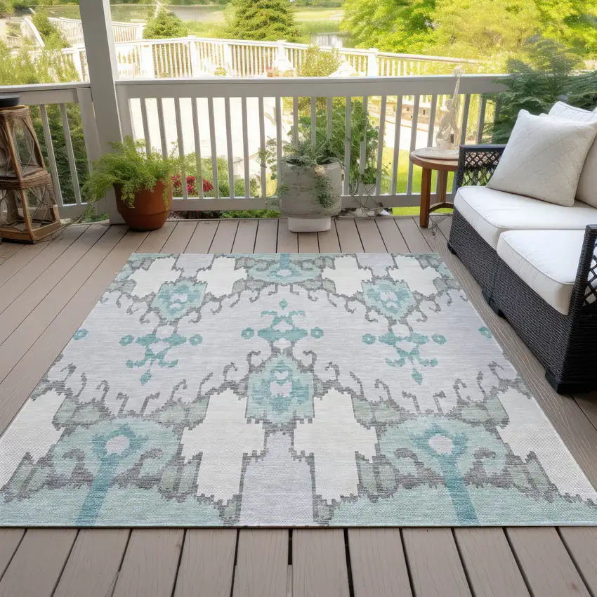 Mint Green Teal Blue And Ivory Ikat Washable Indoor Outdoor Area Rug Photo 5