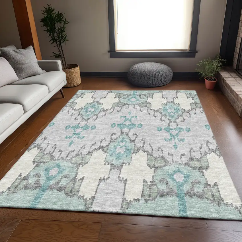 Mint Green Teal Blue And Ivory Ikat Washable Indoor Outdoor Area Rug Photo 6