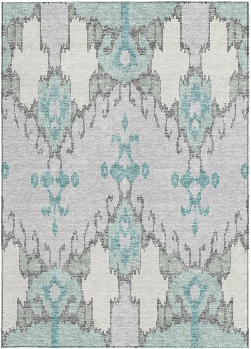Mint Green Teal Blue And Ivory Ikat Washable Indoor Outdoor Area Rug Photo 4
