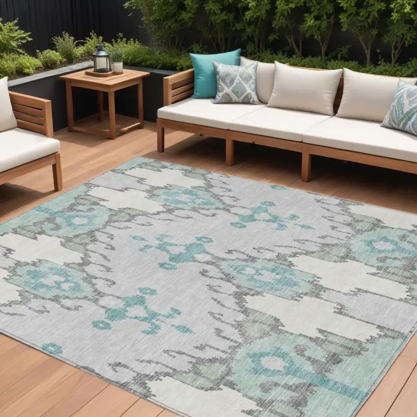 Mint Green Teal Blue And Ivory Ikat Washable Indoor Outdoor Area Rug Photo 1