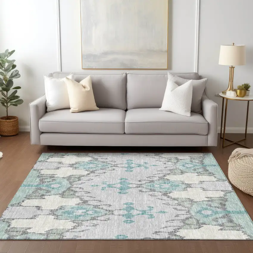 Mint Green Teal Blue And Ivory Ikat Washable Indoor Outdoor Area Rug Photo 7