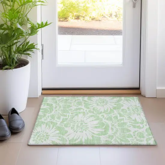 Mint Green and Ivory Floral Washable Non Skid Indoor Outdoor Area Rug Photo 9