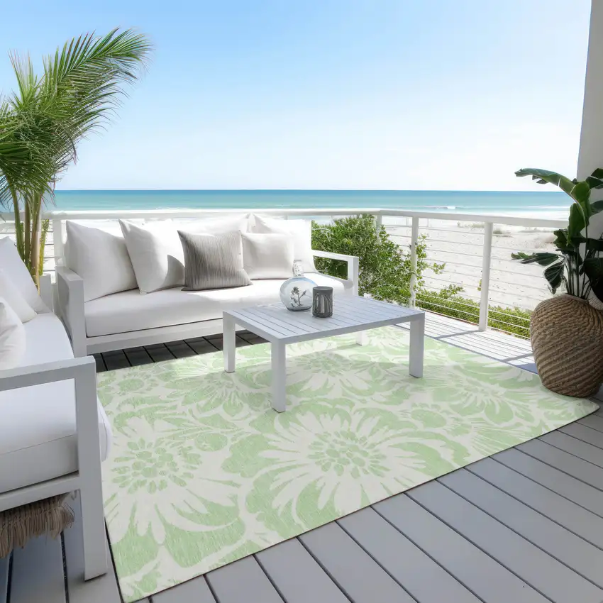 Mint Green and Ivory Floral Washable Non Skid Indoor Outdoor Area Rug Photo 8